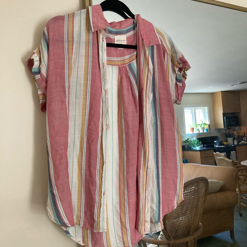 American Eagle Short Sleeve Striped Button